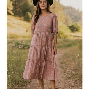 Melloday Tiered Floral Print Flowy Maxi Dress Bohemian Cottagecore size Large